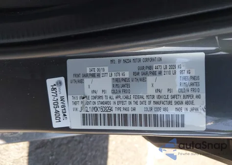 2019 Mazda Mazda6 Touring из США, поврежденный, VIN JM1GL1VM0K1508294